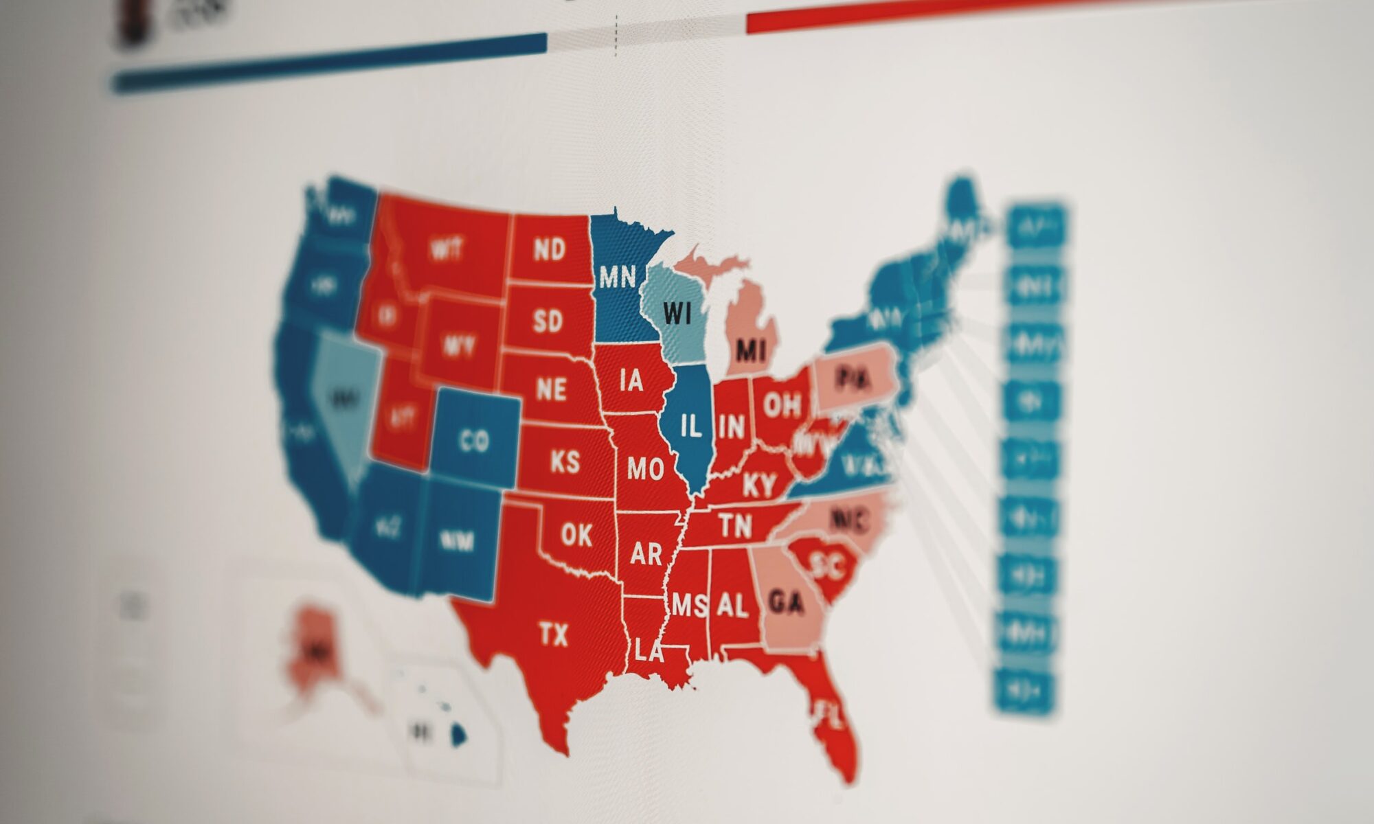 Graafinen visualisointi äänten jakautumisesta osavaltioittain USA:n presidentinvaaleissa 2020