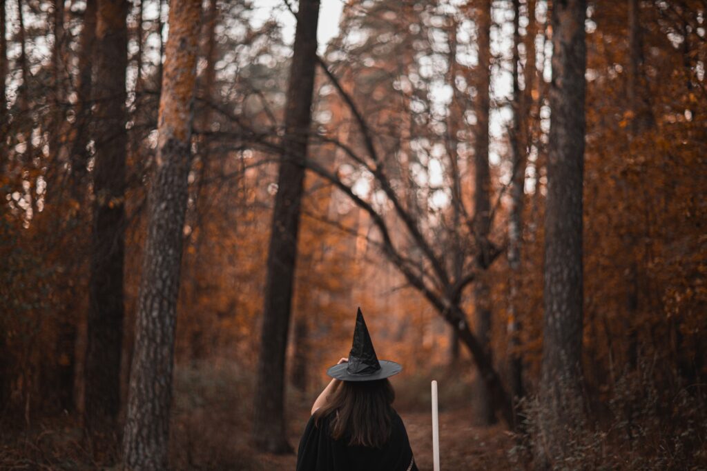Noidanhattuun pukeutunut henkilö kulkemassa syksyisessä metsässä.