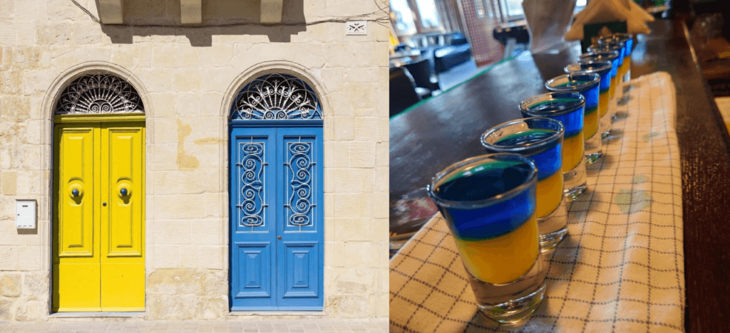 Kaksi kuvaa. Toisessa on valokuva kahdesta ovesta, jotka ovat Ukrainan sinikeltaisen lipun väriset. Toisessa kuvassa on rivi shottilaseja, jossa kaksikerroksisia, Ukrainan lipun väreissä valmistettuja shotteja.