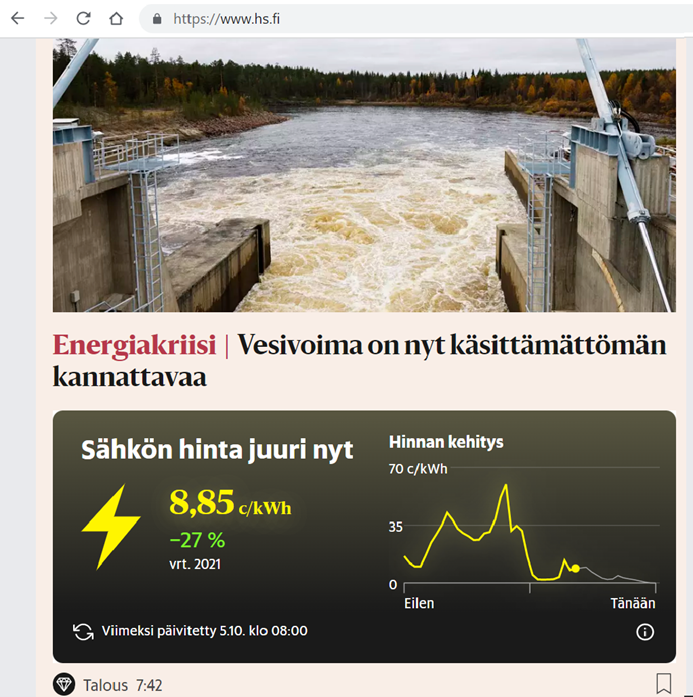 Kuvakaappaus Helsingin Sanomien verkkosivuilta. Kuvassa näkyy jutun otsikko: "Energiakriisi. Vesivoima on nyt käsittämättömän kannattavaa." ja sähkön hintaa juuri nyt kuvaava laskuri. 