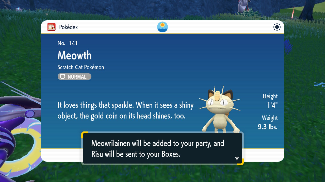 Kuvakaappaus Pokémon GO -pelistä. Kuvassa Meowth-pokémon, jonka nimi on Meowrilainen.