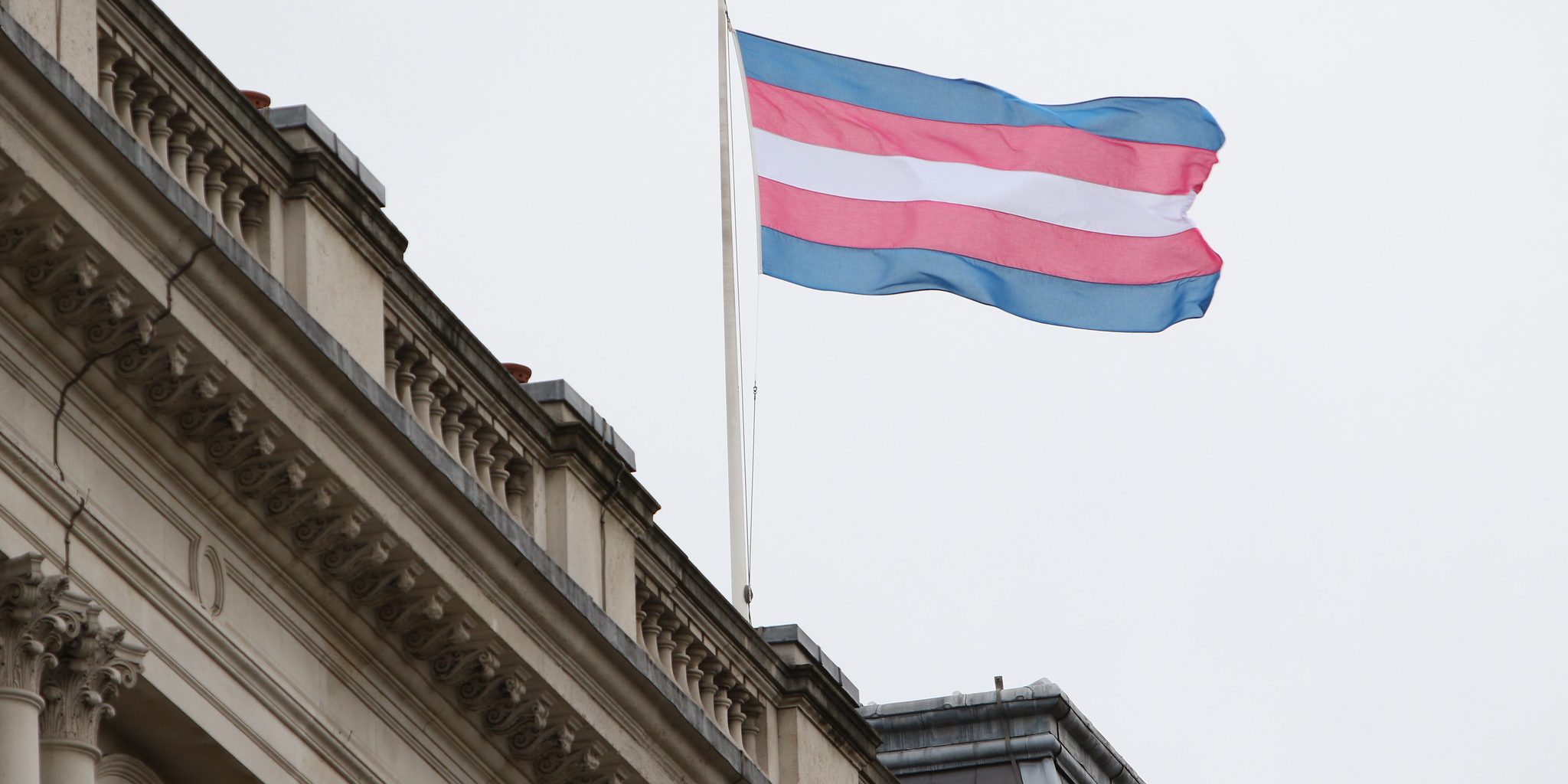 Salkoon nostettu transsukupuolisten lippu. Lipussa on viisi raitaa, joista kaksi reunimmaista vaaleansinisiä, seuraavat kaksi sisempänä olevaa vaaleanpunaisia, ja viimeinen keskellä oleva raita on valkoinen.