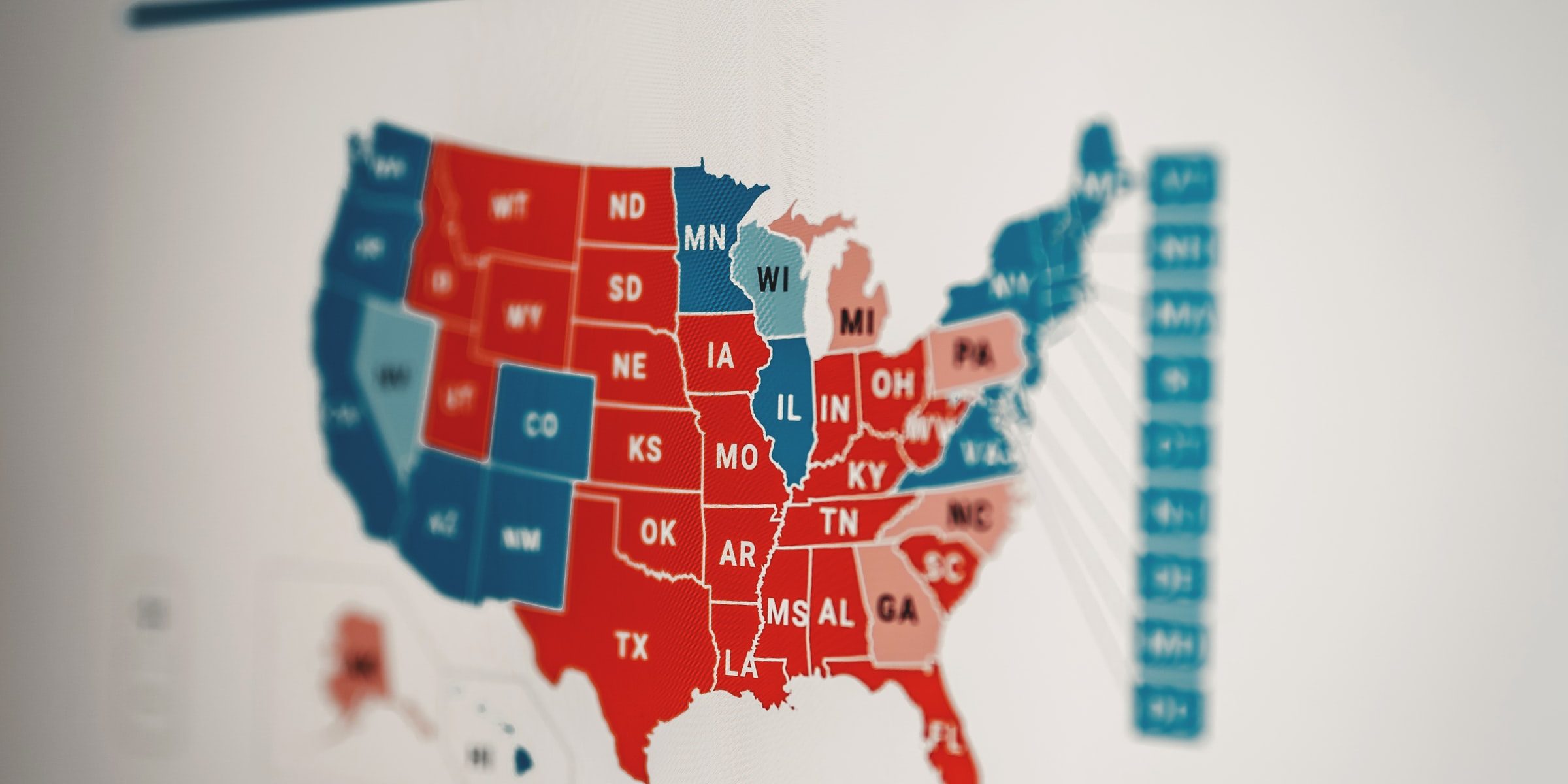 Graafinen visualisointi äänten jakautumisesta osavaltioittain USA:n presidentinvaaleissa 2020